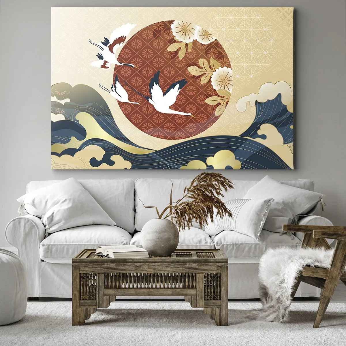 Bild auf Leinwand - Leinwandbild - Japanische Komposition mit Kranichen und Wellen - 120x80cm - Japanisches Märchen - Moderne Wanddekoration für Wohnzimmer und Schlafzimmer ARTTOR
