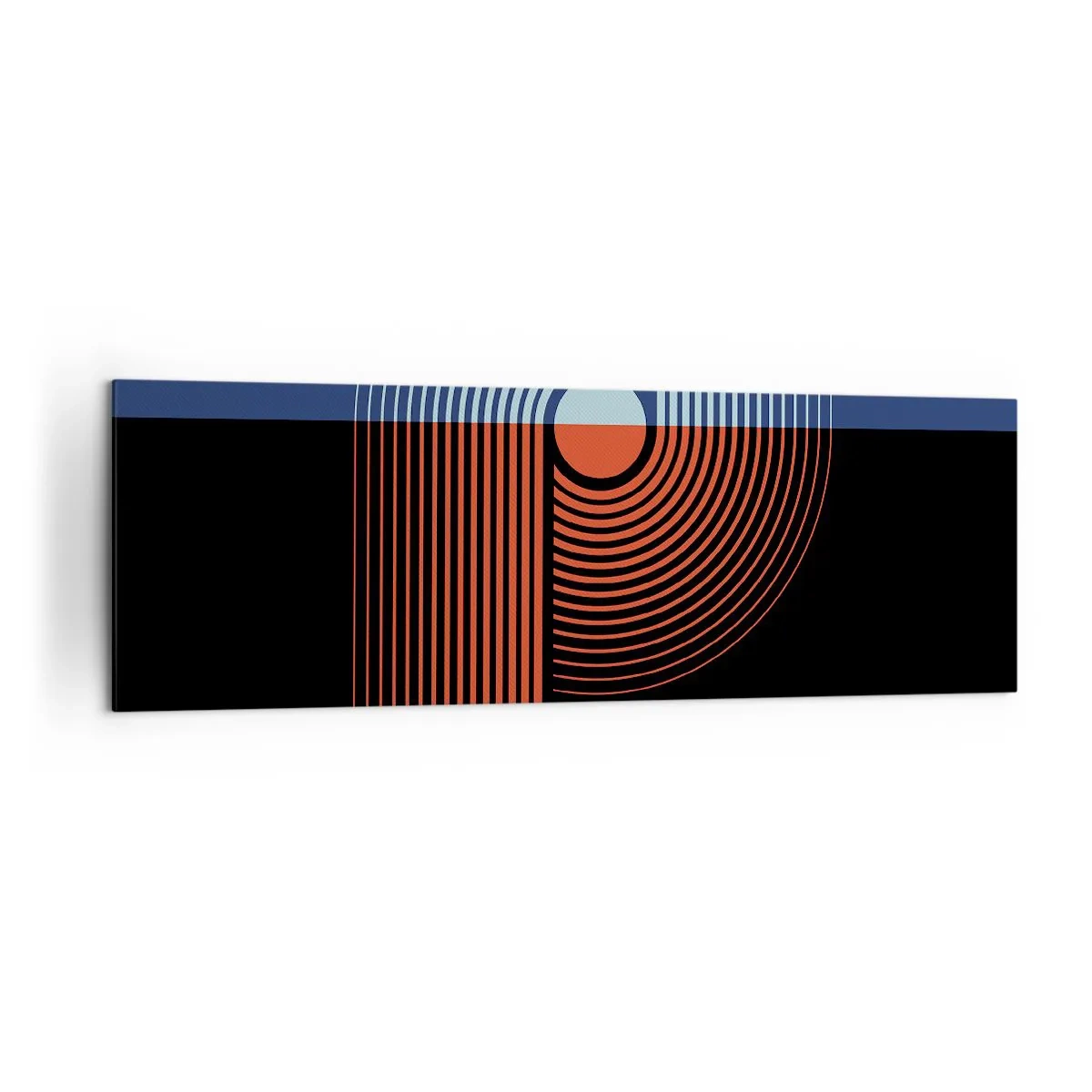 Bild auf Leinwand - Leinwandbild - Geometrische Abstraktion mit Linien in Marineblau und Orange. - 160x50cm - In einer geometrischen Umarmung - Moderne Wanddekoration für Wohnzimmer und Schlafzimmer ARTTOR