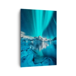 Bild auf Leinwand - Leinwandbild - Aurora Borealis über schneebedeckten Bergen und einem See - 70x100cm - Lichtnacht - Moderne Wanddekoration für Wohnzimmer und Schlafzimmer ARTTOR