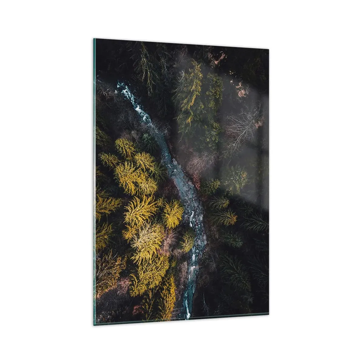 Glasbild - Bild auf glas - Ein Blick von oben auf einen Wald mit einem gewundenen Fluss - 80x120cm - Schnell und immer schneller - Moderne Wanddekoration für Wohnzimmer und Schlafzimmer ARTTOR