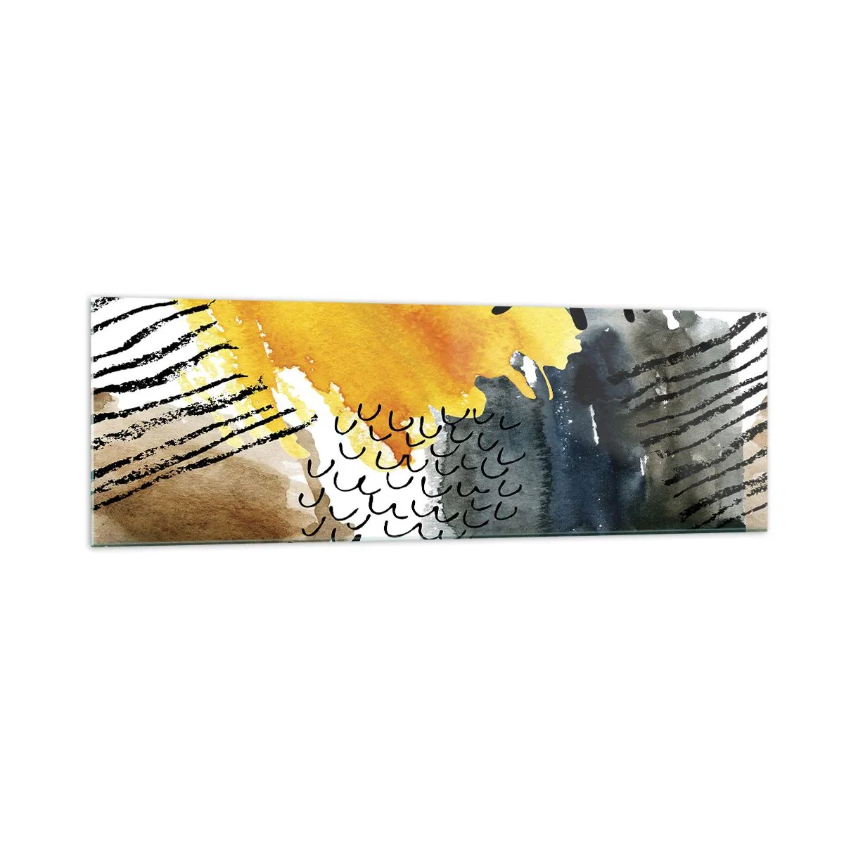 Glasbild - Bild auf glas - Eine abstrakte Komposition mit gelben Akzenten und grafischen Mustern. - 160x50cm - Ein Treffen der Elemente der Natur - Moderne Wanddekoration für Wohnzimmer und Schlafzimmer ARTTOR