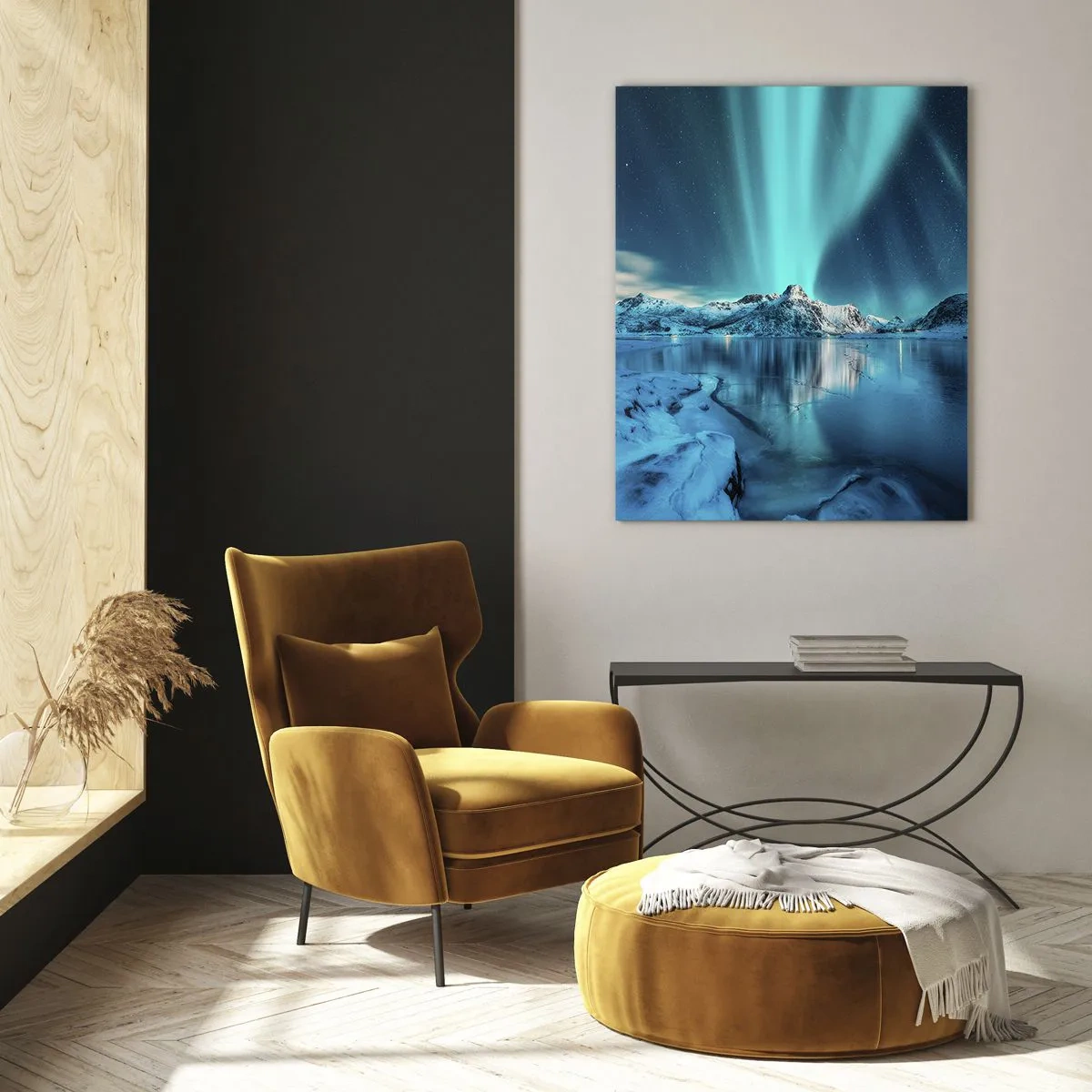 Glasbild - Bild auf glas - Aurora Borealis über schneebedeckten Bergen und einem See - 80x120cm - Lichtnacht - Moderne Wanddekoration für Wohnzimmer und Schlafzimmer ARTTOR