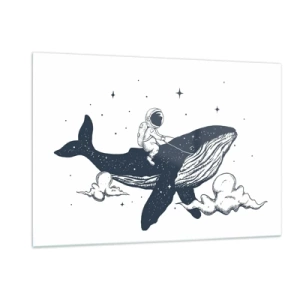 Glasbild - Bild auf glas - Astronaut reitet auf einem Wal zwischen Sternen und Wolken - 120x80cm - Weltraumabenteuer - Moderne Wanddekoration für Wohnzimmer und Schlafzimmer ARTTOR