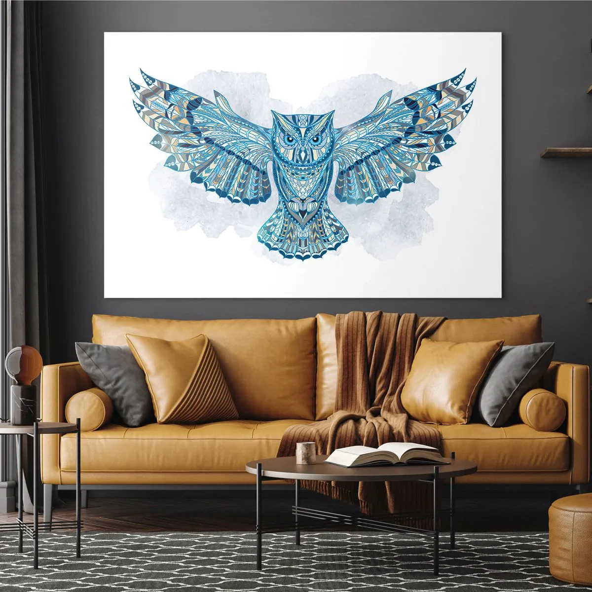 Glasbild - Bild auf glas - Blaue Eule mit ausgebreiteten Flügeln im geometrischen Stil - 100x70cm - Aus einem keltischen heiligen Hain - Moderne Wanddekoration für Wohnzimmer und Schlafzimmer ARTTOR