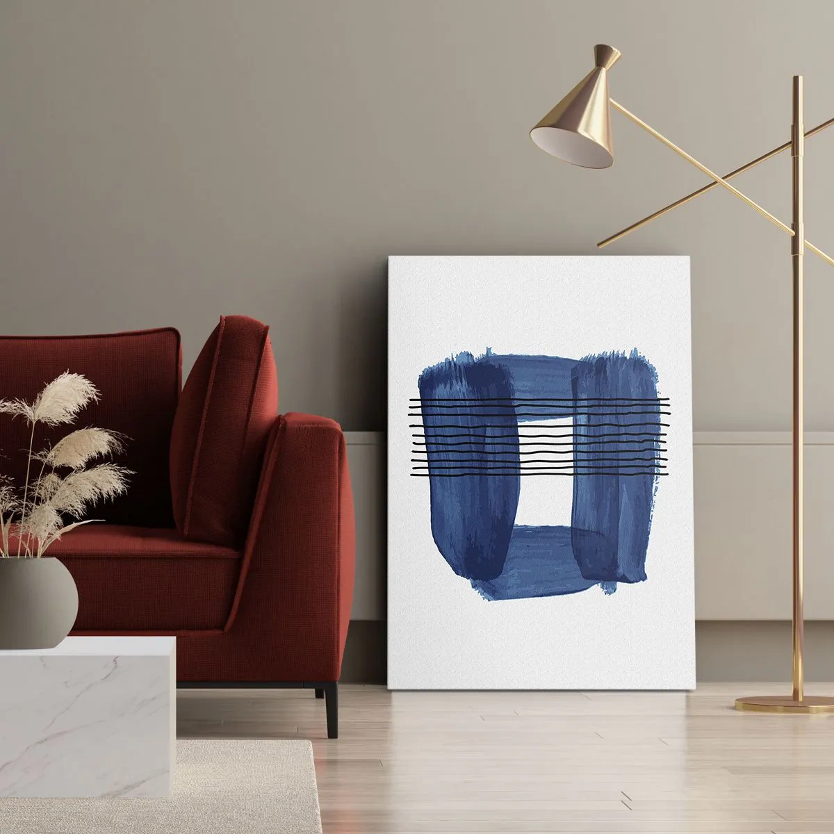 Bild auf Leinwand - Leinwandbild - Abstraktes Muster in Blautönen mit schwarzen Linien - 70x100cm - Blaue und schwarze Komposition - Moderne Wanddekoration für Wohnzimmer und Schlafzimmer ARTTOR