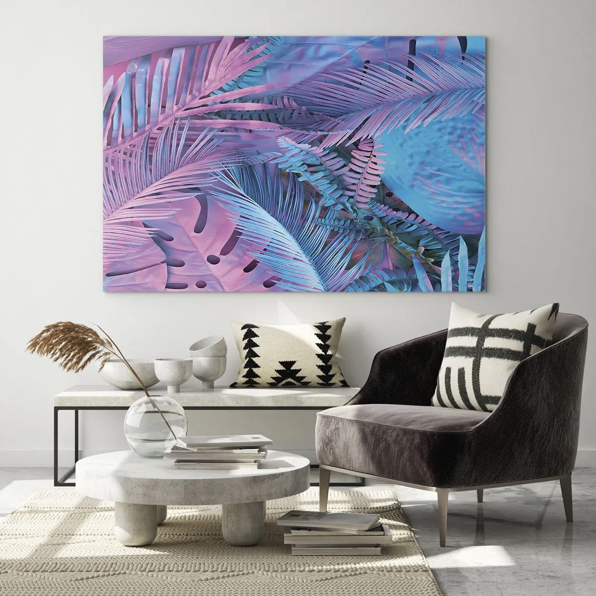 Glasbild - Bild auf glas - Tropische Blätter in Rosa- und Blautönen auf neonfarbenem Hintergrund - 120x80cm - Tropen in Rosa und Blau - Moderne Wanddekoration für Wohnzimmer und Schlafzimmer ARTTOR
