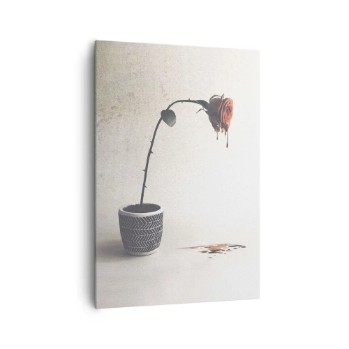 Bild auf Leinwand - Leinwandbild - Eine rote Rose in einem Topf mit Farbtropfen auf weißem Hintergrund - 70x100cm - Rosa dolorosa - Moderne Wanddekoration für Wohnzimmer und Schlafzimmer ARTTOR