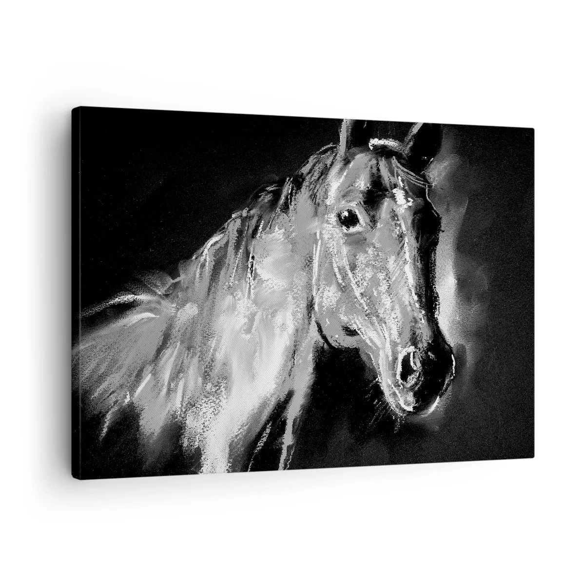 Bild auf Leinwand - Leinwandbild - Porträt eines Pferdes im dynamischen Schwarz-Weiß-Stil - 70x50cm - Das Leuchten einer edlen Seele - Moderne Wanddekoration für Wohnzimmer und Schlafzimmer ARTTOR