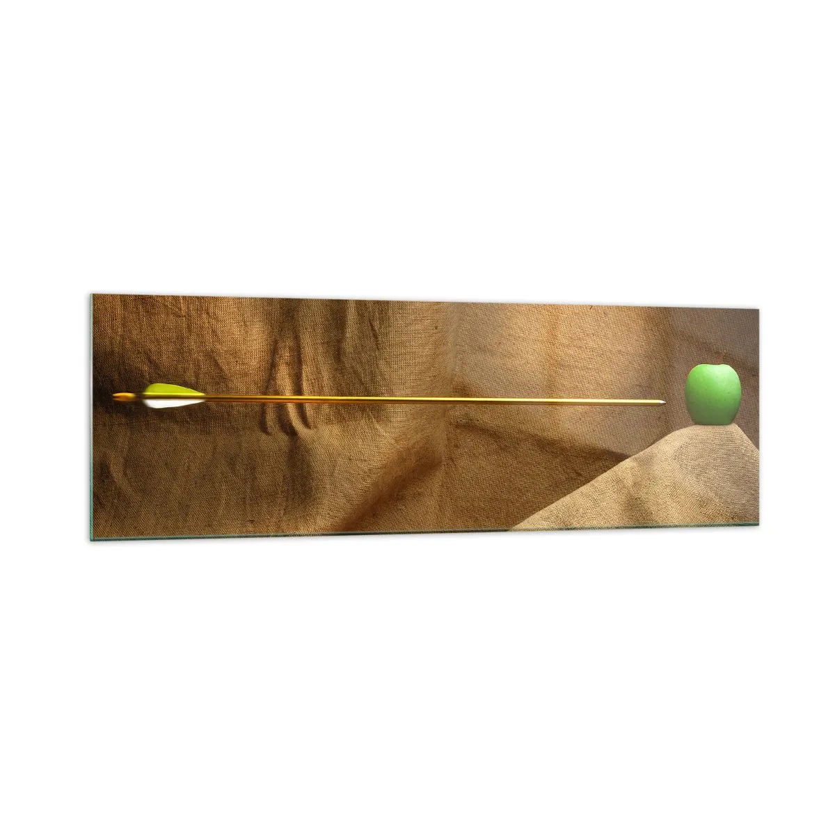 Glasbild - Bild auf glas - Grüner Apfel auf Stoff mit einem Pfeil, der eine Komposition ergibt - 160x50cm - Beschwöre den Geist von Wilhelm Tell - Moderne Wanddekoration für Wohnzimmer und Schlafzimmer ARTTOR