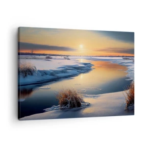 Bild auf Leinwand - Leinwandbild - Winterlandschaft mit einem Fluss bei Sonnenuntergang - 70x50cm - Wintersonnenuntergang - Moderne Wanddekoration für Wohnzimmer und Schlafzimmer ARTTOR