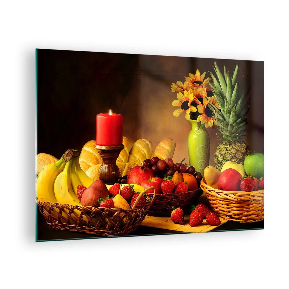 Glasbild - Bild auf glas - Eine Komposition aus Obst, Brot und einer Kerze im rustikalen Stil - 70x50cm - Stillleben mit Brot und Obst - Moderne Wanddekoration für Wohnzimmer und Schlafzimmer ARTTOR