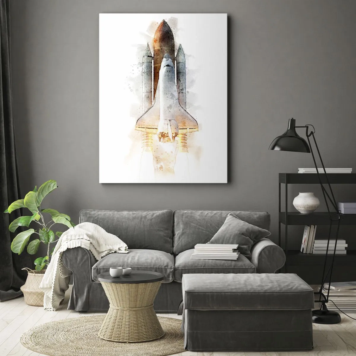 Bild auf Leinwand - Leinwandbild - Eine künstlerische Aquarell-Interpretation eines startenden Space Shuttles - 50x70cm - Entdecker für den Anfang - Moderne Wanddekoration für Wohnzimmer und Schlafzimmer ARTTOR