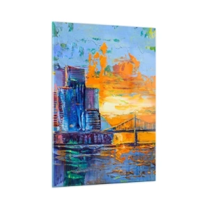 Glasbild - Bild auf glas - Die farbenfrohe Stadt und die Brücke im Schein der untergehenden Sonne - 50x70cm - Kultur und Natur - Moderne Wanddekoration für Wohnzimmer und Schlafzimmer ARTTOR