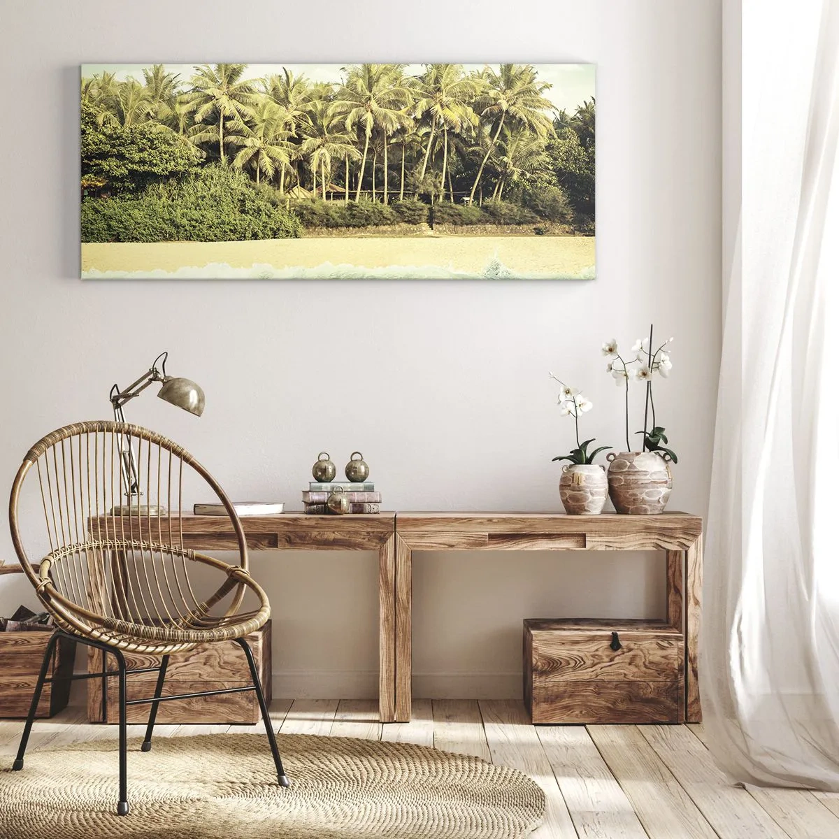 Bild auf Leinwand - Leinwandbild - Tropischer Strand mit Palmen und türkisfarbenem Meer - 140x50cm - Wie wäre es hier? - Moderne Wanddekoration für Wohnzimmer und Schlafzimmer ARTTOR