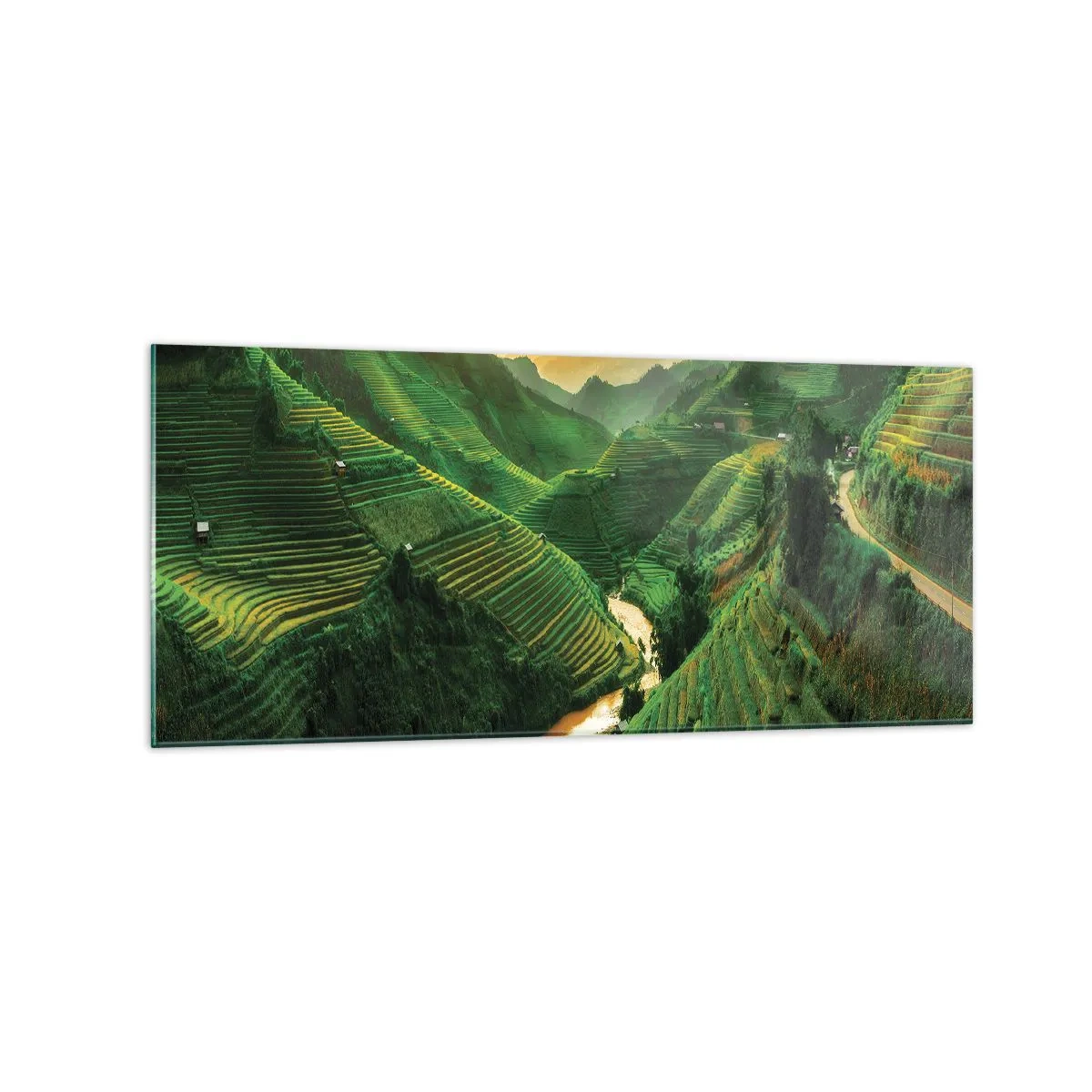 Glasbild - Bild auf glas - Malerische Reisterrassen in einem grünen Tal, beleuchtet von der untergehenden Sonne - 120x50cm - Vietnamesisches Tal - Moderne Wanddekoration für Wohnzimmer und Schlafzimmer ARTTOR