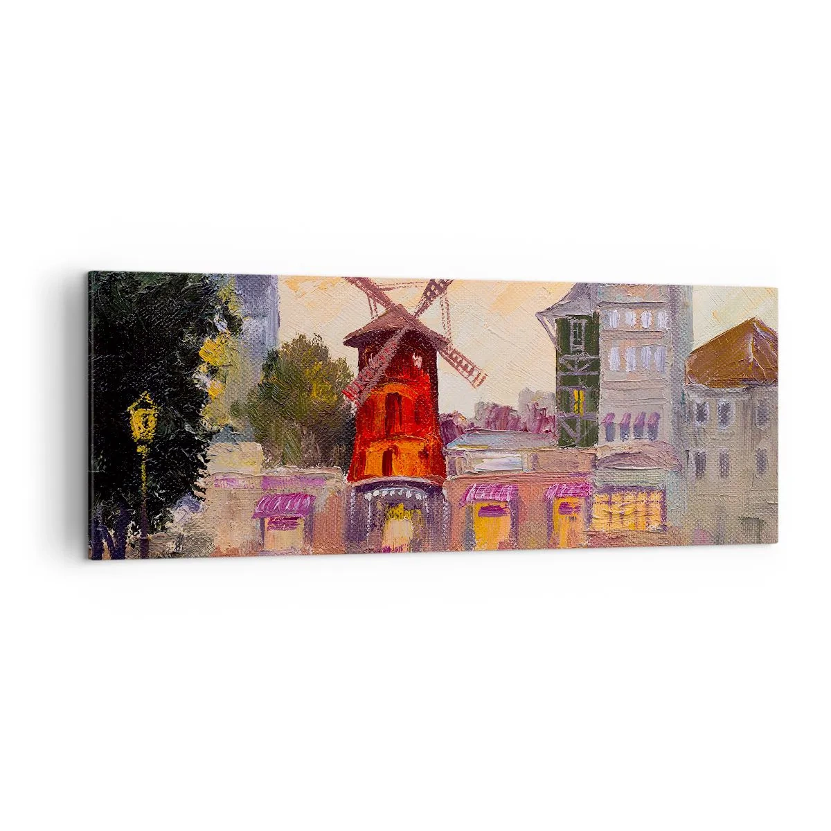 Bild auf Leinwand - Leinwandbild - Die rote Windmühle des Moulin Rouge, umgeben von der Stadtlandschaft - 140x50cm - Pariser Ikonen – Moulin Rouge - Moderne Wanddekoration für Wohnzimmer und Schlafzimmer ARTTOR