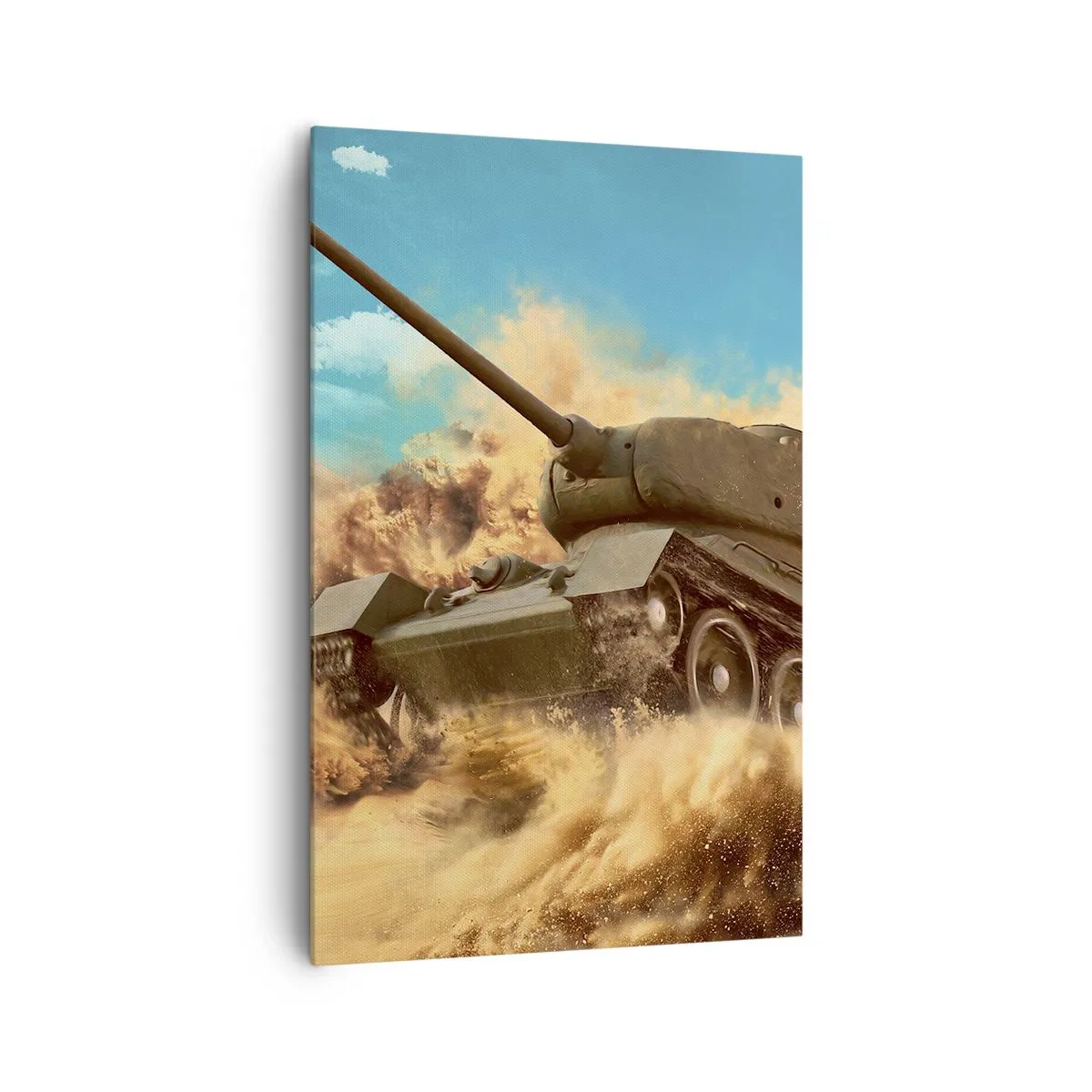 Bild auf Leinwand - Leinwandbild - Ein Panzer im Einsatz in der Wüste, umgeben von Sandstaub. - 80x120cm - Nicht zu besiegen - Moderne Wanddekoration für Wohnzimmer und Schlafzimmer ARTTOR