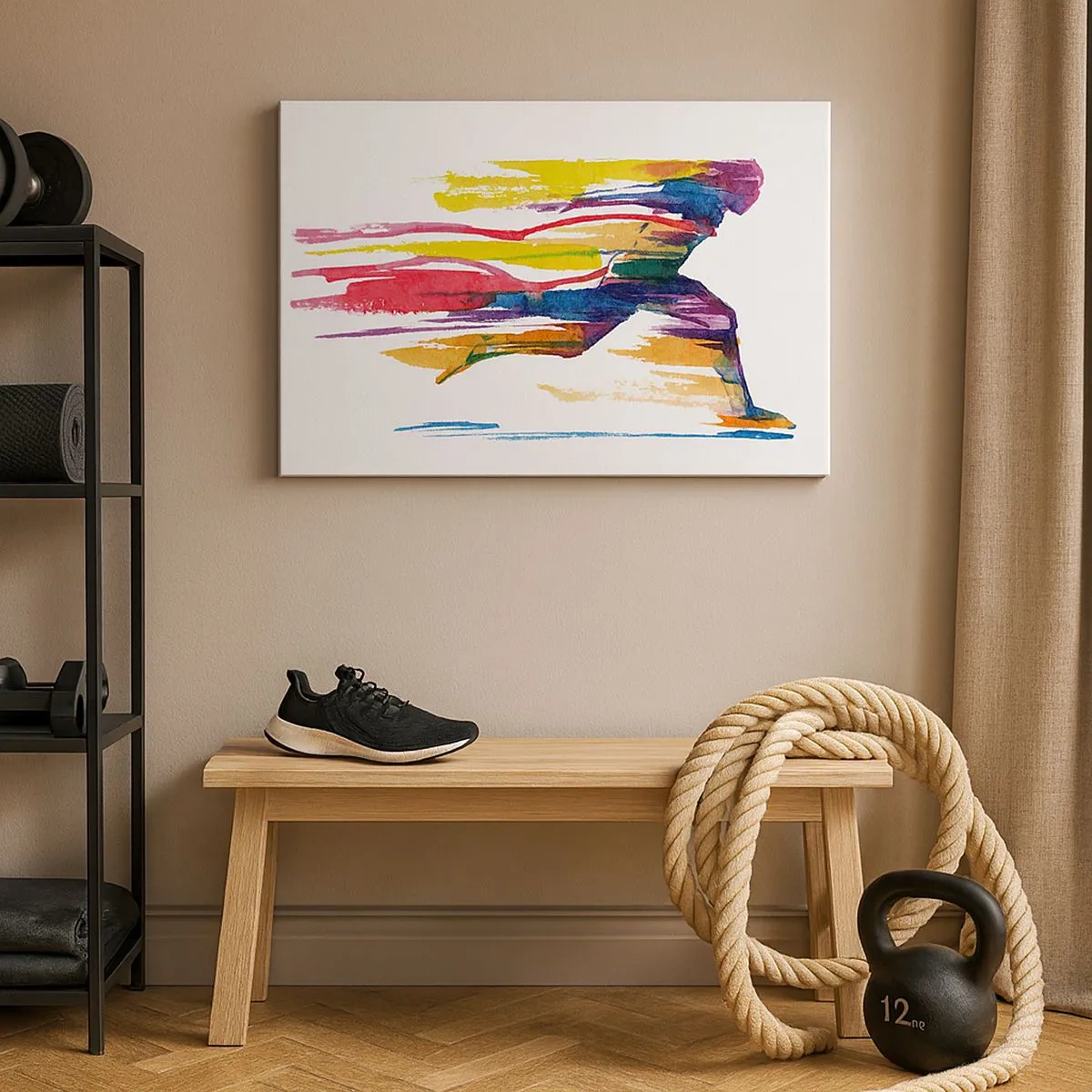 Bild auf Leinwand - Leinwandbild - Ein Läufer in abstrakten Farben symbolisiert Dynamik und Energie - 70x50cm - Über den Regenbogen laufen - Moderne Wanddekoration für Wohnzimmer und Schlafzimmer ARTTOR