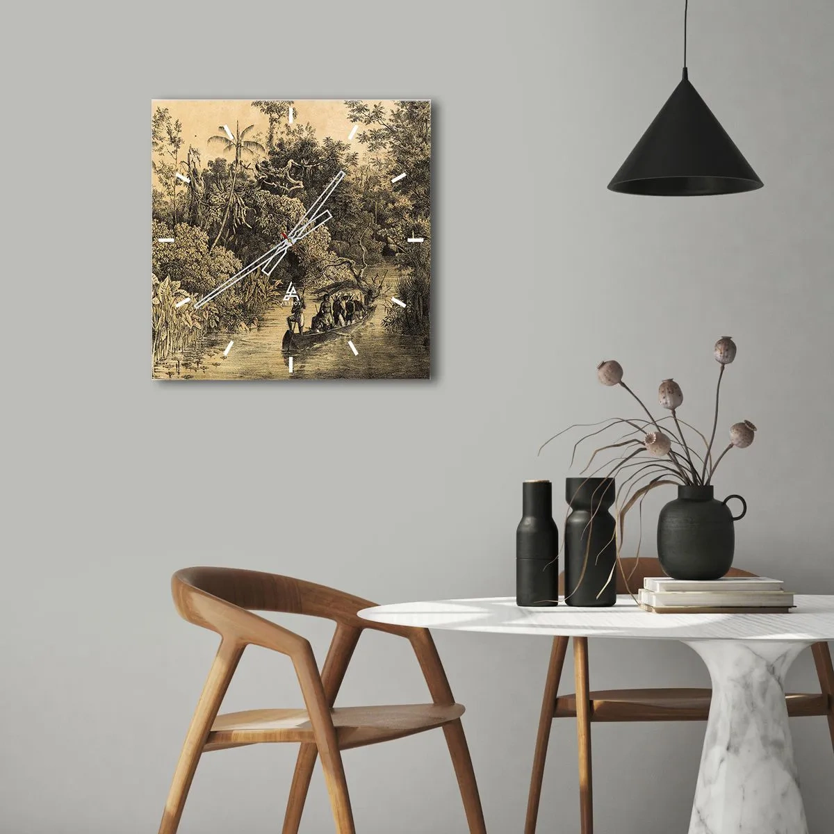 Wanduhr - Glasuhr - Zeichnung eines Dschungels mit einem Boot auf einem Fluss - 30x30cm - Expedition zur Quelle - Moderne Wanddekoration für Wohnzimmer und Schlafzimmer ARTTOR