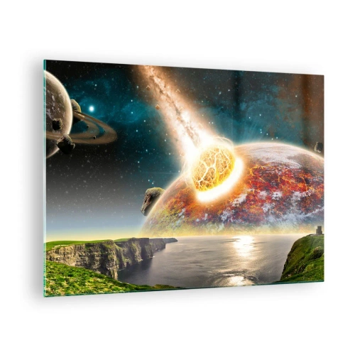 Glasbild - Bild auf glas - Ein Meteorit kollidiert im Weltraum mit einem Planeten. - 70x50cm - Kosmisches Drama - Moderne Wanddekoration für Wohnzimmer und Schlafzimmer ARTTOR