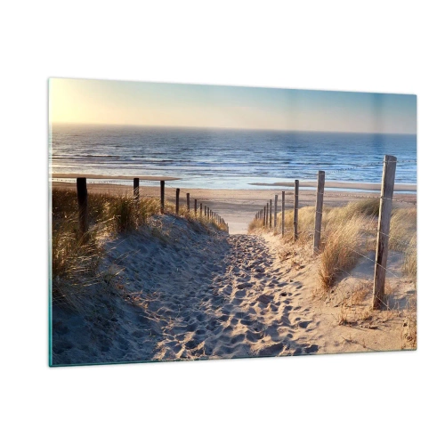 Glasbild - Bild auf glas - Ein Weg durch die Dünen, der zu einem Strand mit ruhigem Meer führt - 120x80cm - Das Rauschen des Meeres, der Gesang der Vögel, ein wilder Strand im Gras ... - Moderne Wanddekoration für Wohnzimmer und Schlafzimmer ARTTOR