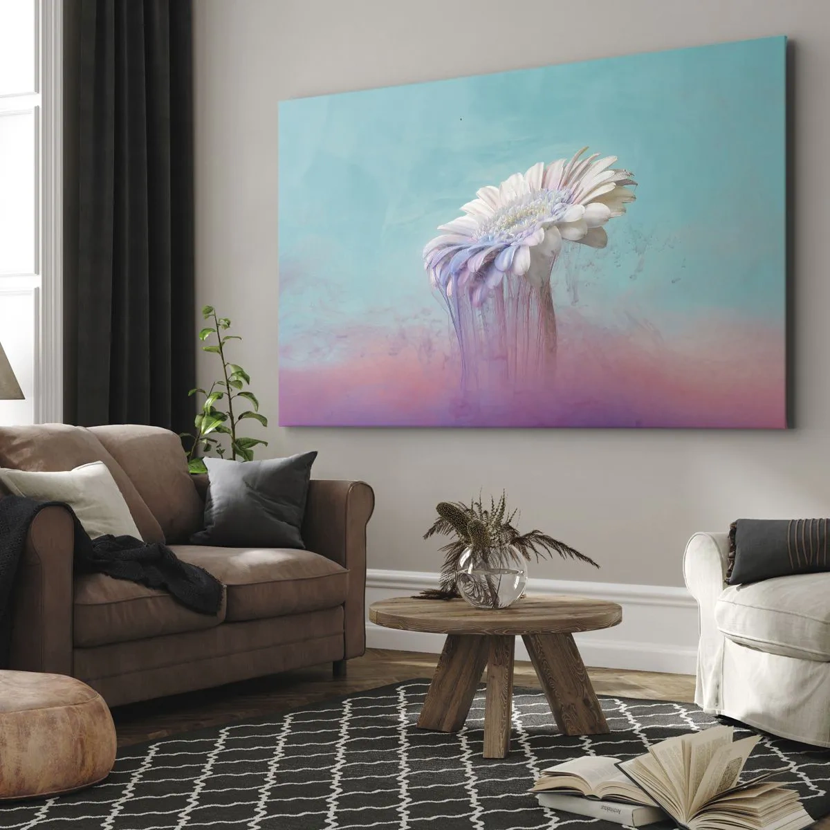 Bild auf Leinwand - Leinwandbild - Pastellfarbene Gerbera mit Unschärfeeffekt - 120x80cm - Blumenunterwelt - Moderne Wanddekoration für Wohnzimmer und Schlafzimmer ARTTOR