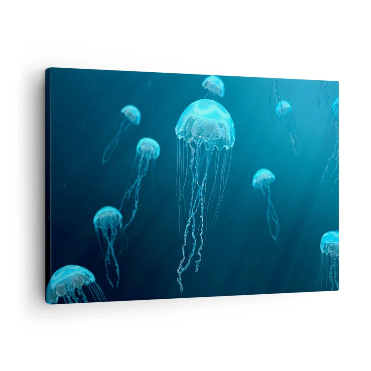 Bild auf Leinwand - Leinwandbild - Quallen schwimmen in den Tiefen des Ozeans in Blautönen - 70x50cm - Ozeantanz - Moderne Wanddekoration für Wohnzimmer und Schlafzimmer ARTTOR