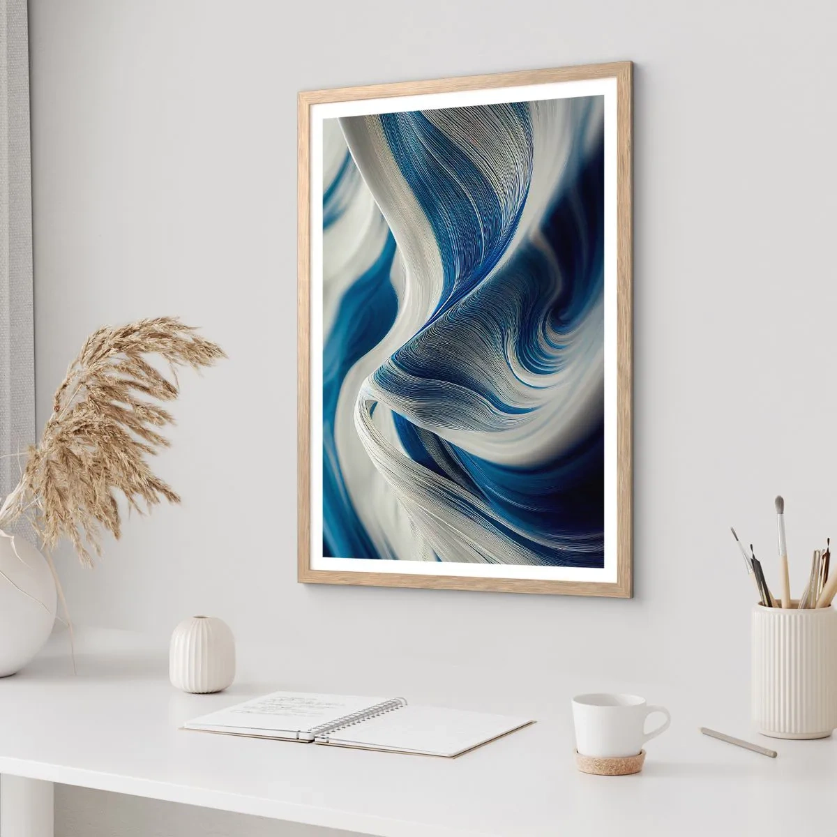 Poster in einem Rahmen aus heller Eiche - Fließfähigkeit von Blau und Weiß - 40x50 cm