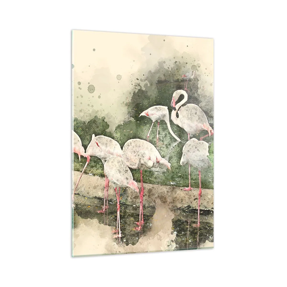 Glasbild - Bild auf glas - Flamingos vor dem Hintergrund einer Aquarellkomposition - 50x70cm - Exotischer Traum - Moderne Wanddekoration für Wohnzimmer und Schlafzimmer ARTTOR