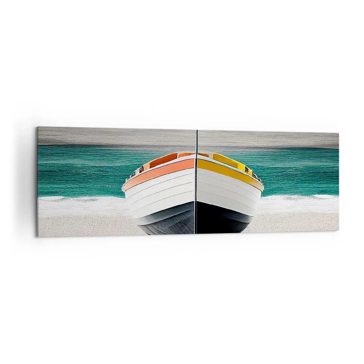 Bild auf Leinwand - Leinwandbild - Ein Boot am Strand mit türkisfarbenem Meer im Hintergrund - 160x50cm - An seinem Platz - Moderne Wanddekoration für Wohnzimmer und Schlafzimmer ARTTOR