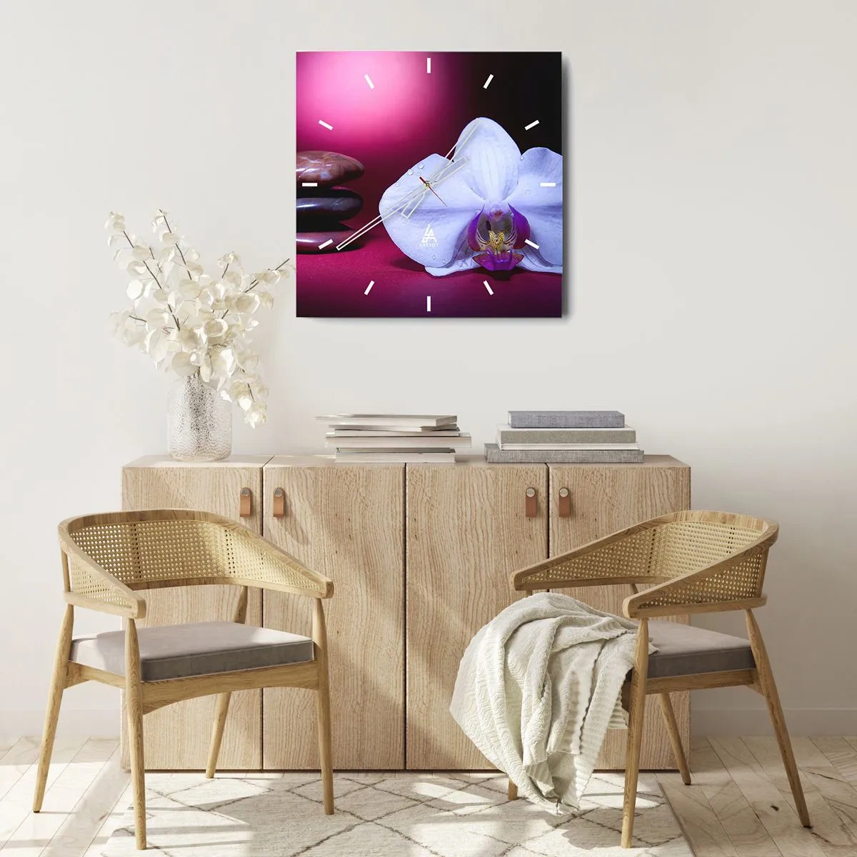 Wanduhr - Glasuhr - Weiße Orchidee und Steine auf rosa Hintergrund - 30x30cm - Eine Studie der Frische in Lila - Moderne Wanddekoration für Wohnzimmer und Schlafzimmer ARTTOR