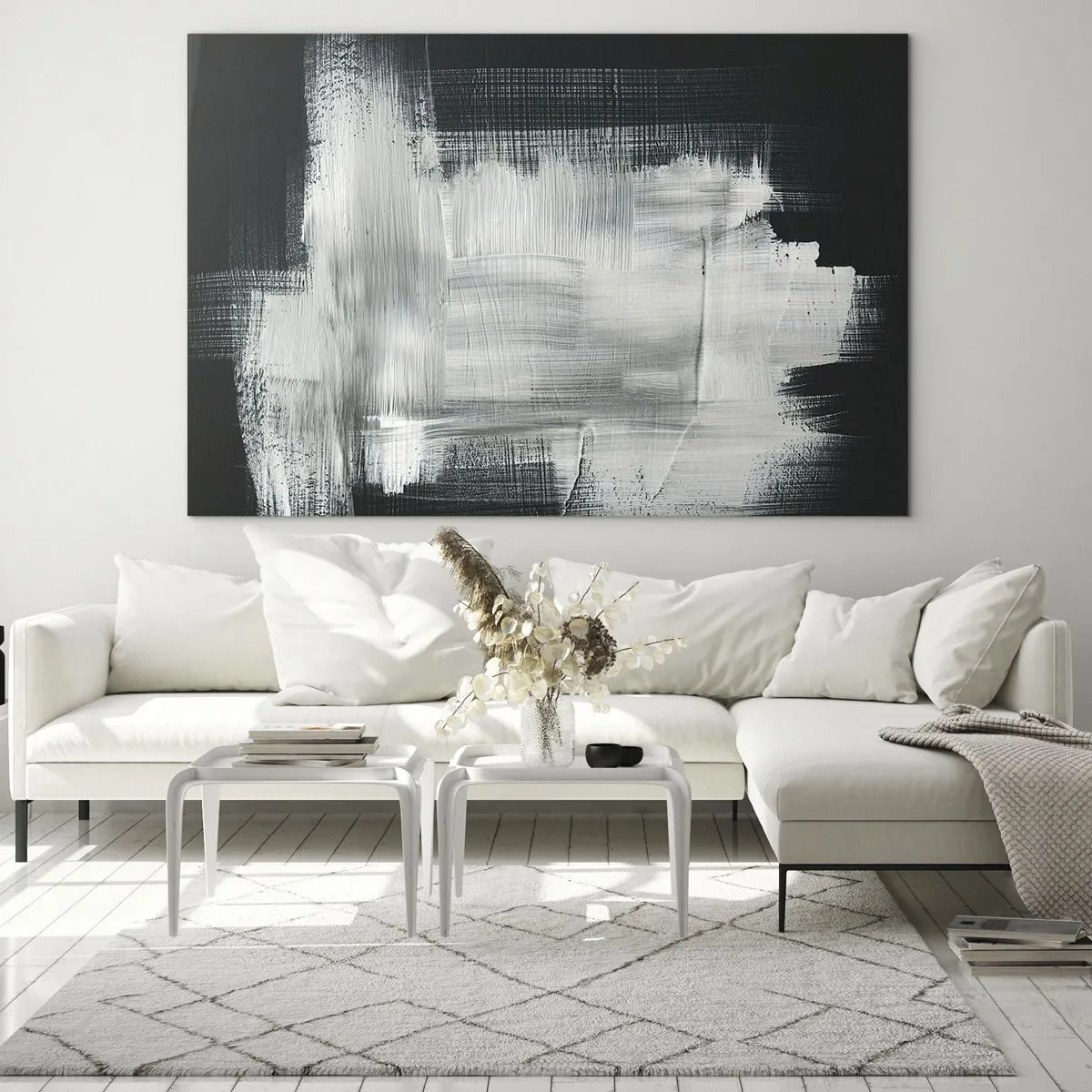 Glasbild - Bild auf glas - Minimalistische Abstraktion in Schwarzweiß - 100x70cm - Vertikal und horizontal gewebt - Moderne Wanddekoration für Wohnzimmer und Schlafzimmer ARTTOR