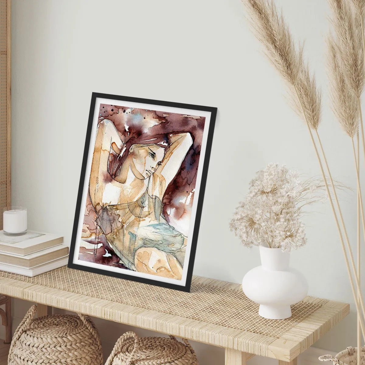 Poster in einem schwarzem Rahmen - Künstlerische Silhouette einer Frau in Brauntönen - 50x70cm - In lila Stimmung - Moderne Wanddekoration für Wohnzimmer und Schlafzimmer ARTTOR