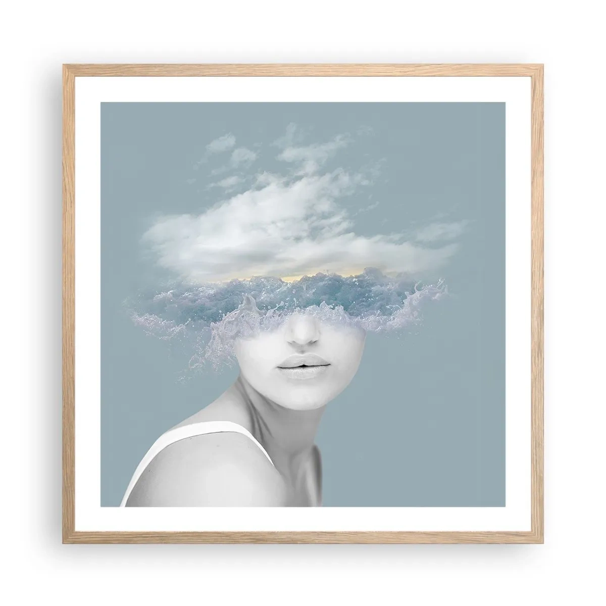 Poster in einem Rahmen aus heller Eiche - Mit dem Kopf in den Wolken - 60x60 cm