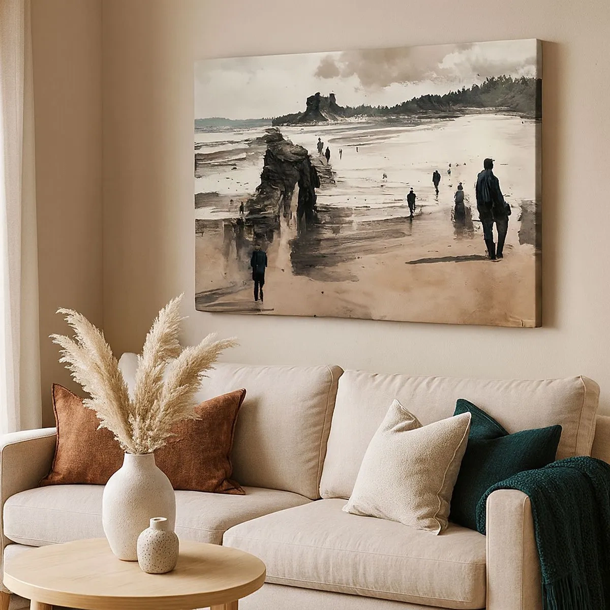 Bild auf Leinwand - Leinwandbild - Strandspaziergänger in friedlicher Landschaft - 70x50cm - Einberufen - Moderne Wanddekoration für Wohnzimmer und Schlafzimmer ARTTOR