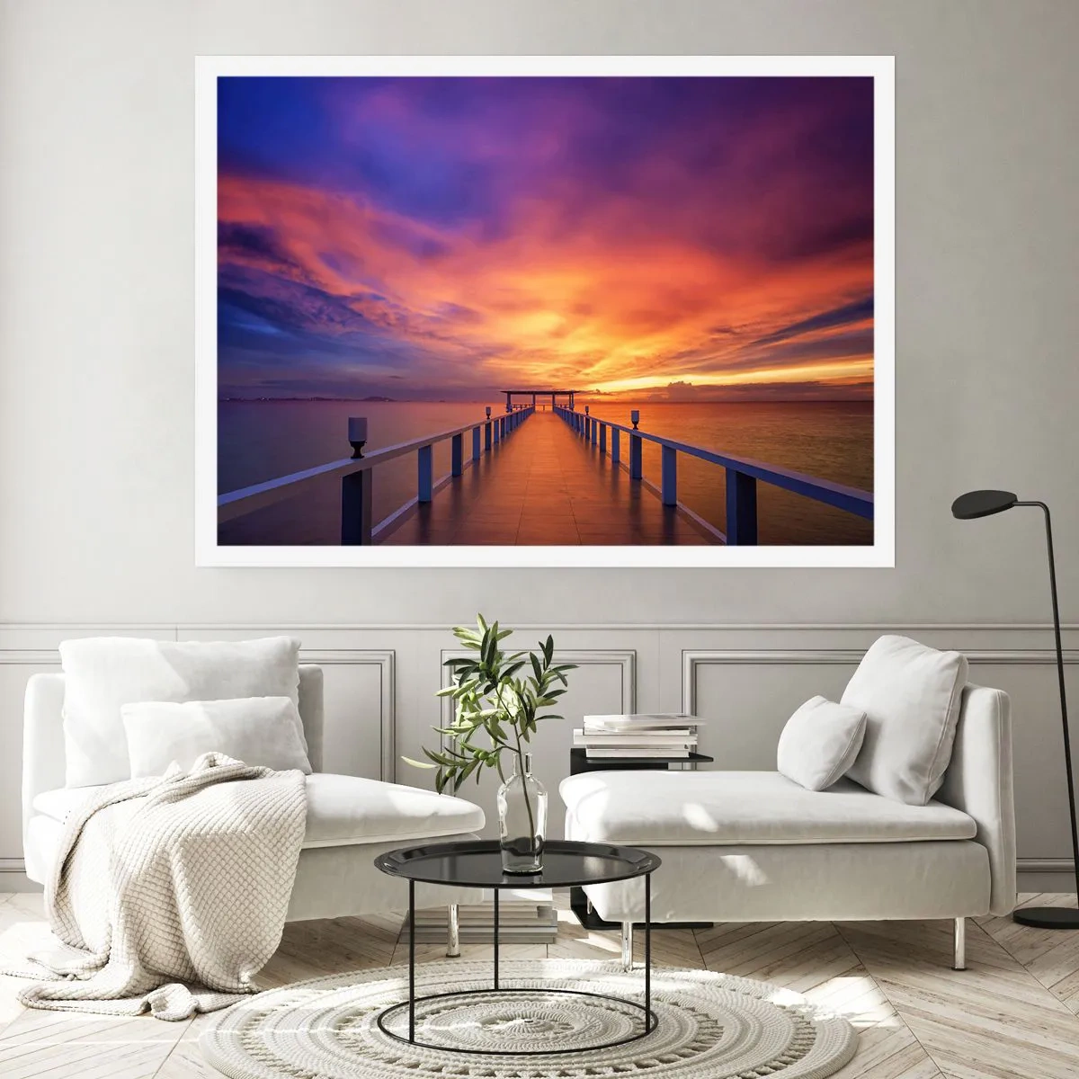Poster - Ein Steg, der bei Sonnenuntergang aufs Meer hinausführt - 100x70cm - Ohne Ende - Moderne Wanddekoration für Wohnzimmer und Schlafzimmer ARTTOR