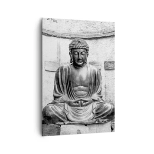 Bild auf Leinwand - Leinwandbild - Schwarz-weiße Buddha-Statue in meditativer Pose - 70x100cm - An der Quelle des Friedens - Moderne Wanddekoration für Wohnzimmer und Schlafzimmer ARTTOR