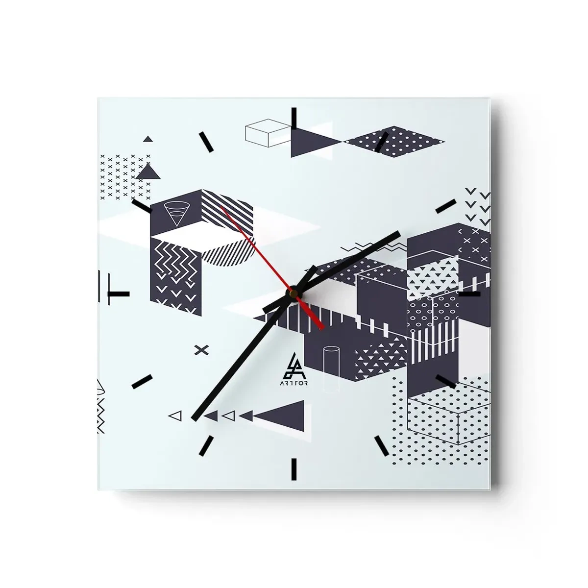 Wanduhr - Glasuhr - Moderne geometrische Grafiken in Weiß- und Marineblautönen - 30x30cm - In der Seele eines Mathematikers - Moderne Wanddekoration für Wohnzimmer und Schlafzimmer ARTTOR