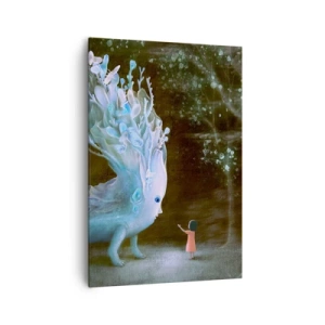 Bild auf Leinwand - Leinwandbild - Die Figur eines Mädchens, das einem fantastischen Wesen gegenübersteht - 70x100cm - Fantastisches Treffen - Moderne Wanddekoration für Wohnzimmer und Schlafzimmer ARTTOR