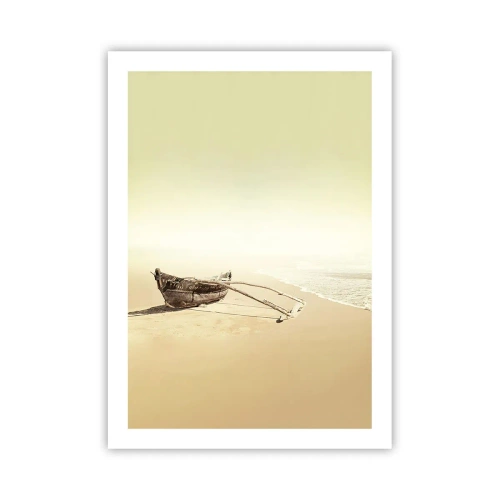 Poster - Ein einsames Holzboot an einem leeren Strand in Pastellfarben. - 50x70cm - Erinnerung an die Südsee - Moderne Wanddekoration für Wohnzimmer und Schlafzimmer ARTTOR