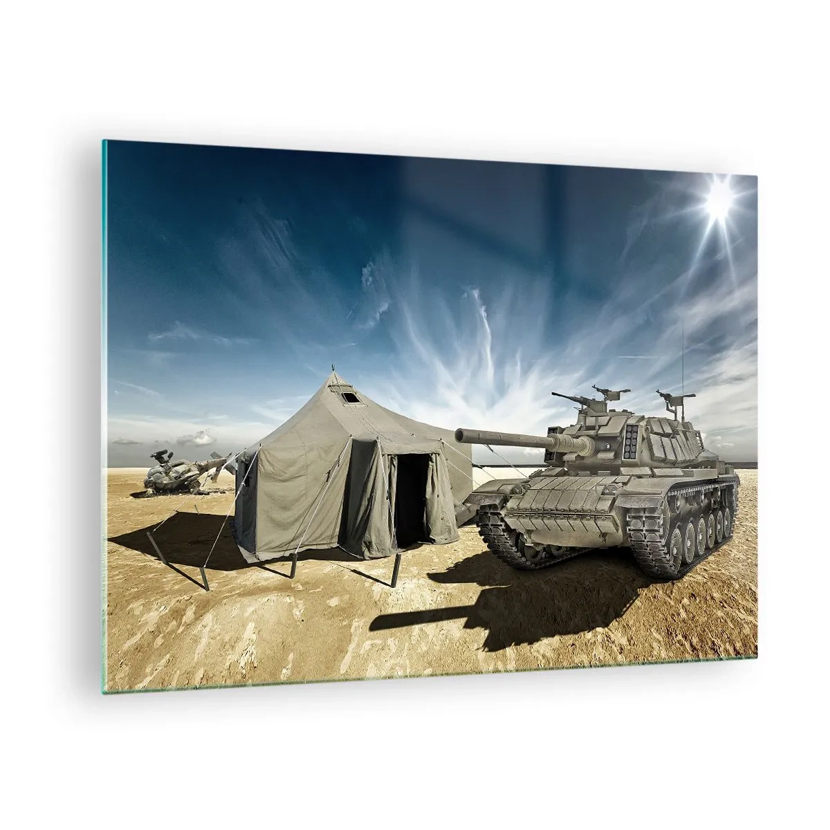 Glasbild - Bild auf glas - Ein Panzer und ein Zelt vor einem Wüstenhintergrund unter blauem Himmel - 70x50cm - Ein militärischer Traum - Moderne Wanddekoration für Wohnzimmer und Schlafzimmer ARTTOR