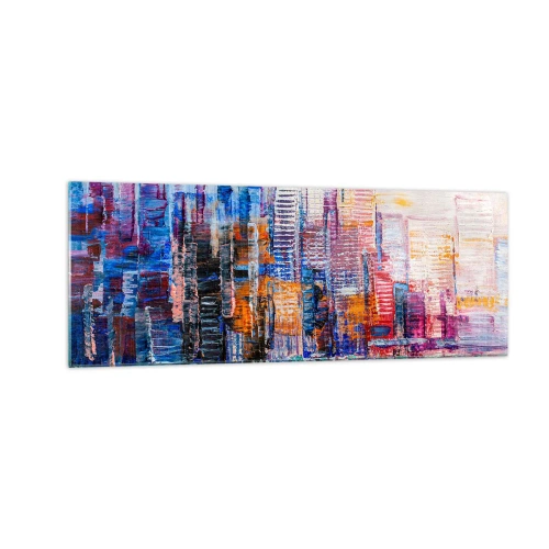 Glasbild - Bild auf glas - Ein farbenfrohes Panorama der Stadt mit Spiegelungen auf dem Wasser - 140x50cm - Fröhliche Metropole - Moderne Wanddekoration für Wohnzimmer und Schlafzimmer ARTTOR