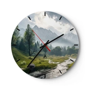 Wanduhr - Glasuhr - Berglandschaft mit Fluss und Bäumen am Morgen - 30x30cm - Hin und zurück - Moderne Wanddekoration für Wohnzimmer, Küche und Schlafzimmer ARTTOR