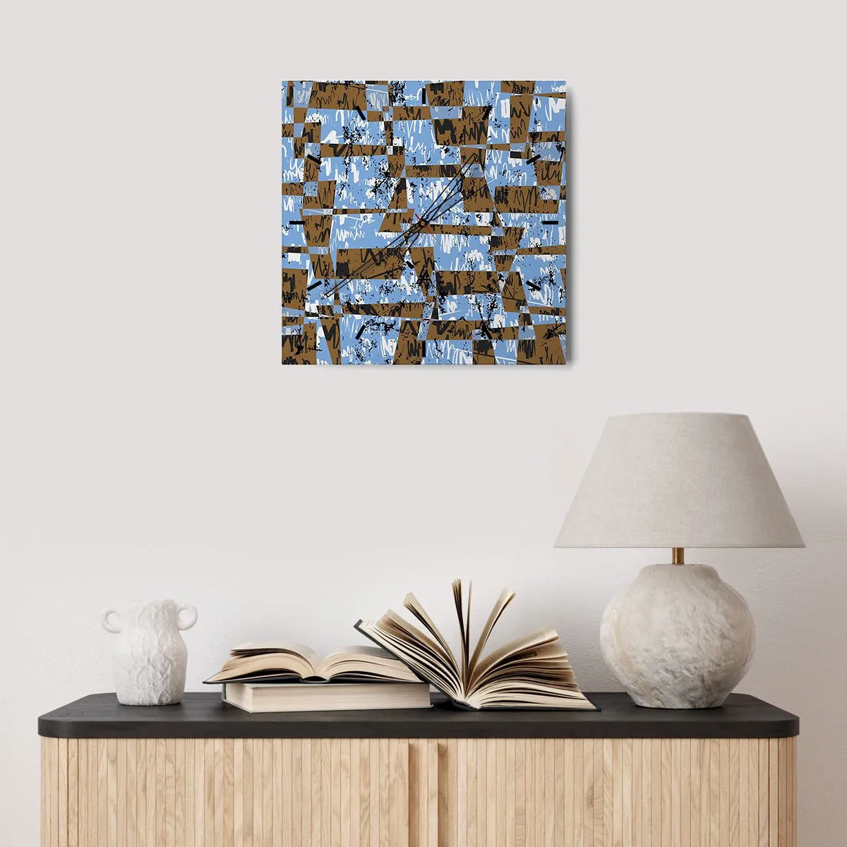 Wanduhr - Glasuhr - Eine abstrakte Komposition aus Rechtecken in Braun- und Blautönen. - 30x30cm - Ein nicht-menschlicher Ausschnitt - Moderne Wanddekoration für Wohnzimmer und Schlafzimmer ARTTOR