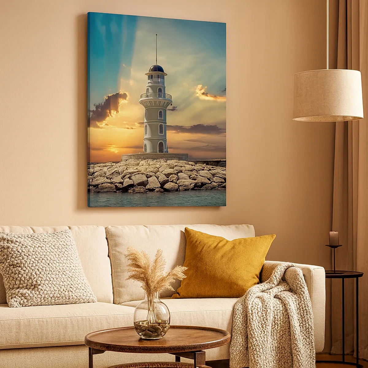 Bild auf Leinwand - Leinwandbild - Ein Leuchtturm bei Sonnenuntergang gegen den Himmel - 50x70cm - Licht - Gut - Schönheit - Moderne Wanddekoration für Wohnzimmer und Schlafzimmer ARTTOR