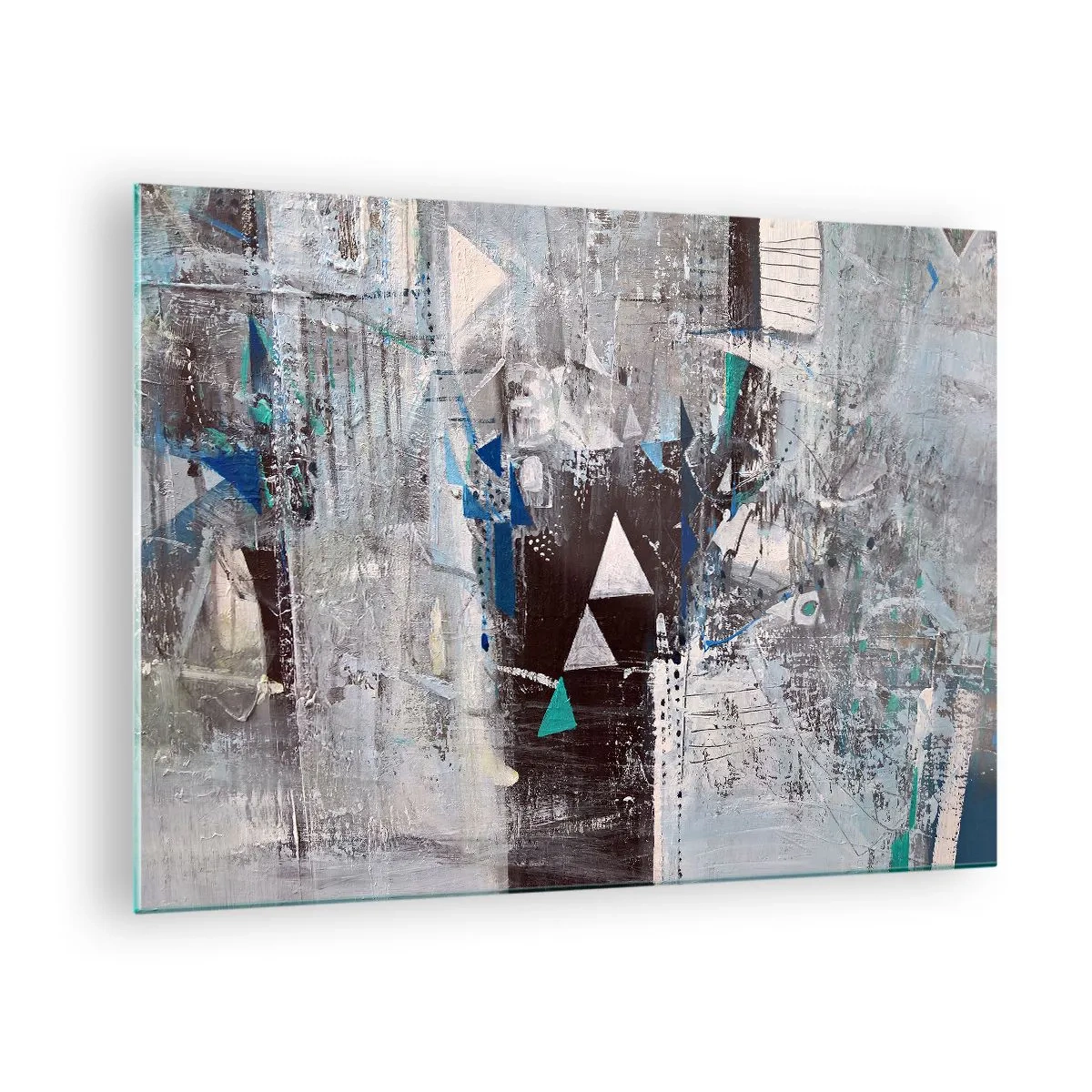 Glasbild - Bild auf glas - Geometrische Dreiecke vor dem Hintergrund einer abstrakten Komposition in Grautönen. - 70x50cm - Überschreibende Reihenfolge der Dreiecke - Moderne Wanddekoration für Wohnzimmer und Schlafzimmer ARTTOR