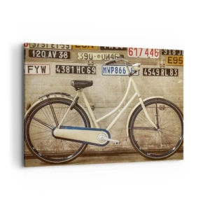 Bild auf Leinwand - Leinwandbild - Ein Retro-Fahrrad vor einer mit Nummernschildern dekorierten Wand - 100x70cm - Keine Komplexe - Moderne Wanddekoration für Wohnzimmer und Schlafzimmer ARTTOR