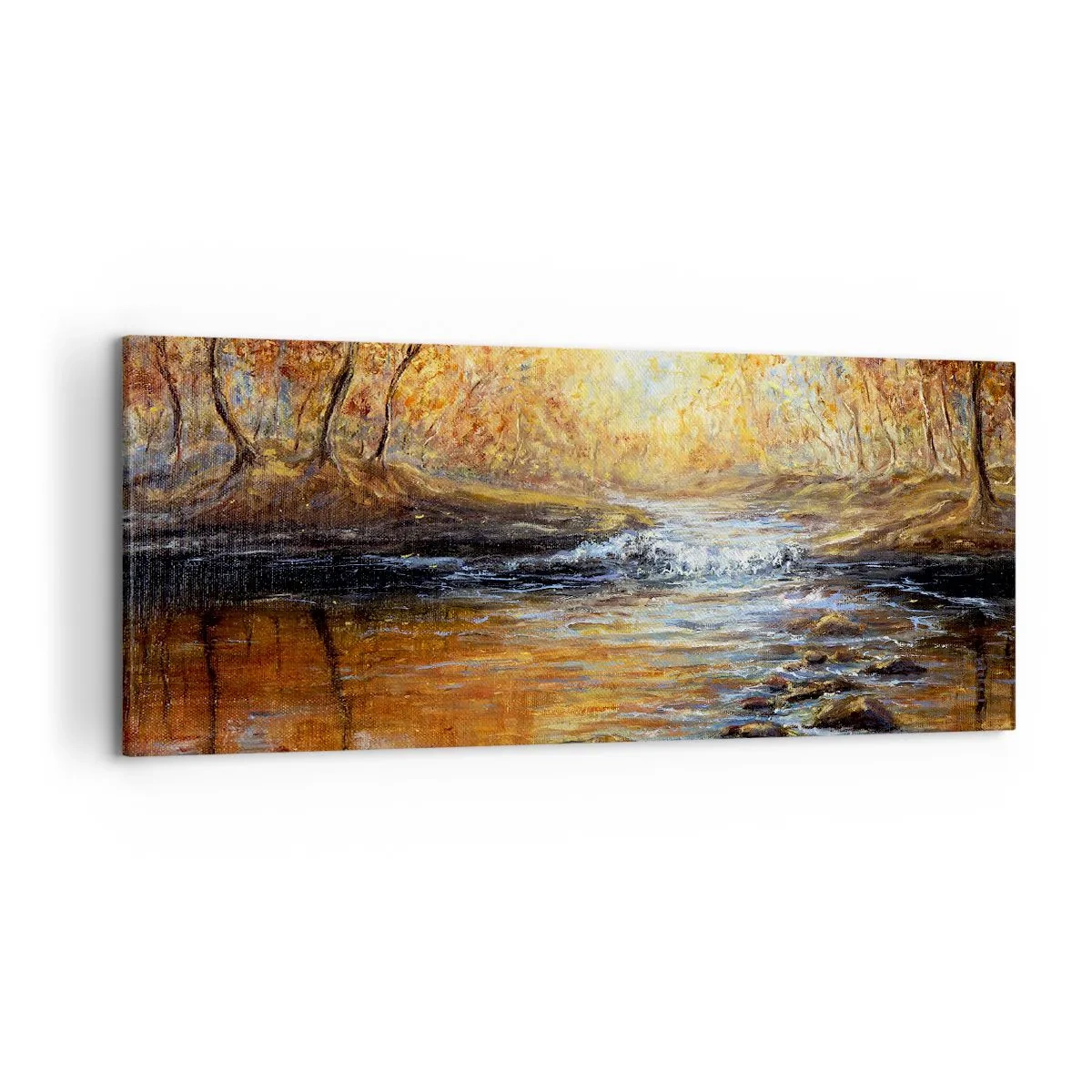Bild auf Leinwand - Leinwandbild - Herbstlandschaft mit einem Fluss zwischen den Bäumen - 120x50cm - Der goldene Strom - Moderne Wanddekoration für Wohnzimmer und Schlafzimmer ARTTOR