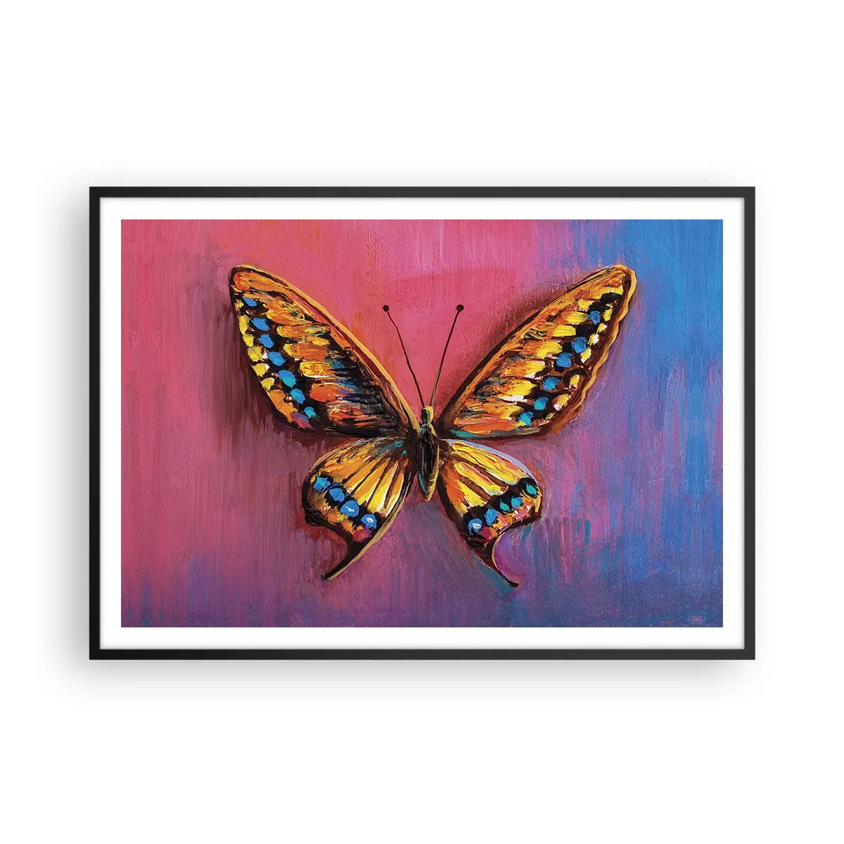 Poster in einem schwarzem Rahmen - Bunter Schmetterling auf abstraktem Hintergrund - 100x70cm - Ein Juwel der Natur - Moderne Wanddekoration für Wohnzimmer und Schlafzimmer ARTTOR