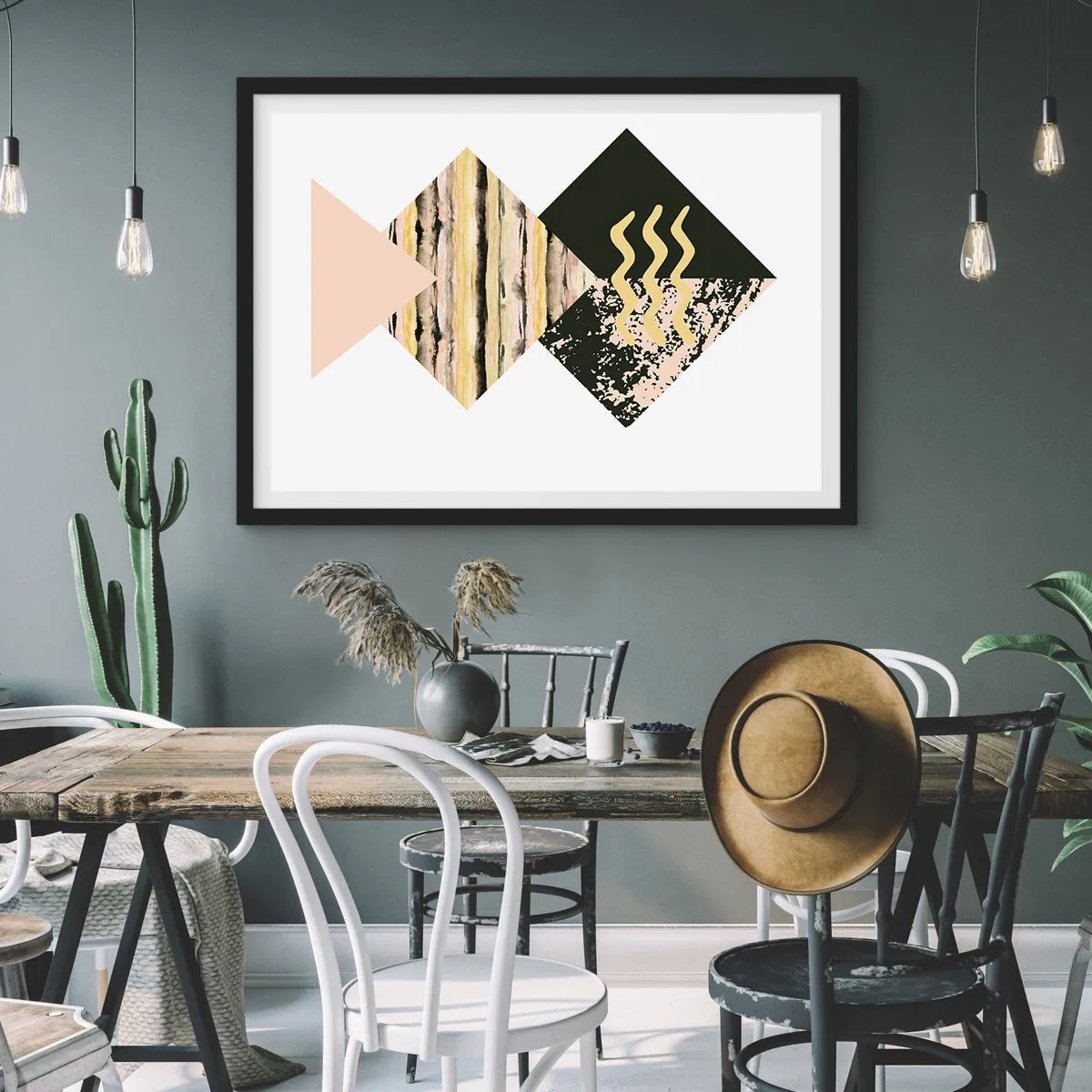 Poster in einem schwarzem Rahmen - Geometrische Formen mit abstrakten Mustern - 70x50cm - Es ist nicht so einfach - Moderne Wanddekoration für Wohnzimmer und Schlafzimmer ARTTOR
